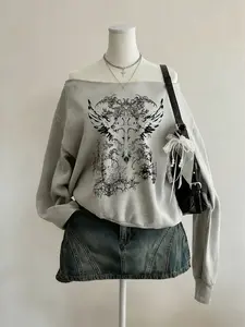 Women's Asymmetrical Shoulder Long Sleeve Crop Top Sweatshirt, Casual Comfortable Geometric Print, Loose-Fitting Cross Wings Design, All Seasons Essential