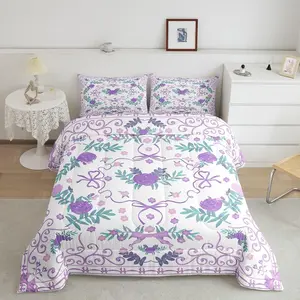 Purple Floral Bow Bed Comforter Set,Coquette Bowknot Bedding Set,Bow Tie Bohemian Quilt,Farmhouse Preppy Bows Botanical Aesthetic Bed Set