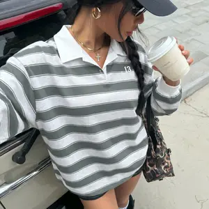 Women's Striped Rugby Polo Sweatshirt Long Sleeve Collared Loose Fit Pullover Top Grey Casual Streetwear