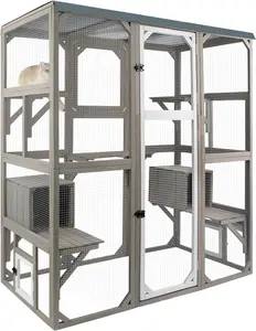 Outdoor Cat Catio Enclosures Large Wooden Cat House Patio for Indoor Cats Feral Cat Shelter with 2 Espace Doors, 2 Resting Rooms, 5 Platforms, Removable Waterproof Cover 67.7" H