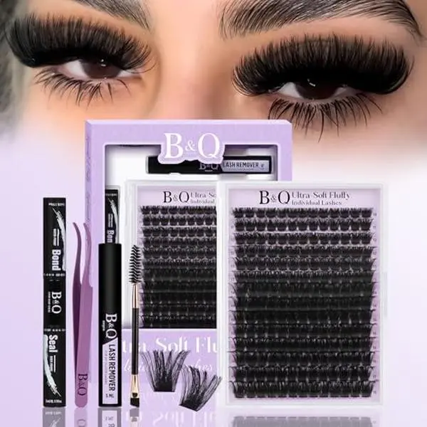 B&Q Fluffy Lash Clusters Kit Full, 200D Dramatic Cluster Eyelash Extension | Volume Eyelash Clusters,UltraSoft Lash Extension Kit 10-18mm,Wispy Individual Lashes kit D Curl with Bond&Seal Tweezers Brush