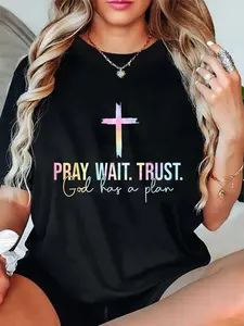 100% Cotton Unisex Pray Wait Trust God Has A Plan Tie Dye Faith Religious T-Shirt Christ Christian Tops