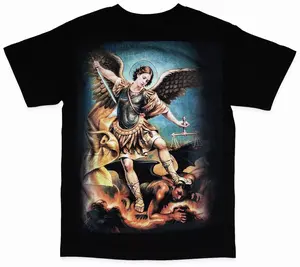 Archangel Michael Defeating Satan T-Shirt Religious Tee Angel Graphic Black Short Sleeve Tee with Iconic Design