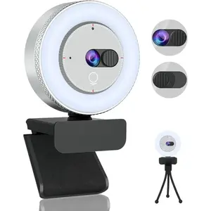 Webcam with Light,  Webcam for PC with Built-in  Cover, Adjustable Brightness, Noise Reduction Mics, for Zoom Skype Teams Laptop and  Meet