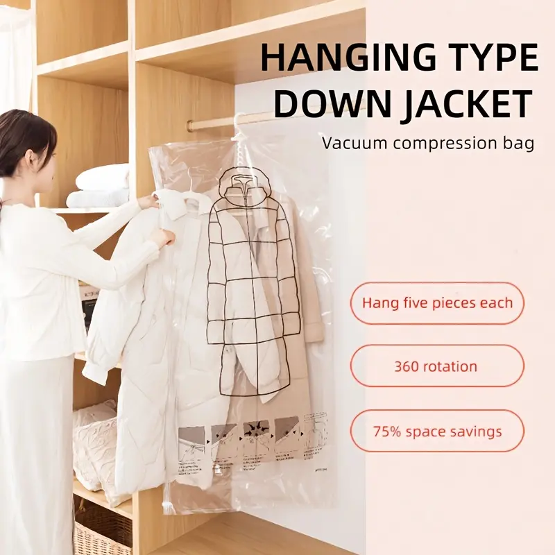 5 Hooks Extra Large Hanging Vacuum Compression Storage Bag | Thickened Organizer, Elongated Design, No Power Required, Clothing Protection And Space Saver Dustproof Cover, Durable Cover