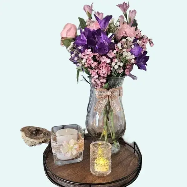Lavender Symphony Floral Centerpiece with Purple Lilies, Tulips, Roses & Gladiolus Bouquet in Light Round Fruit Jar Vase with Wooden Ornaments