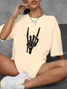 Women's Skull Graphic Loose Fit Round Neck Half Sleeve Casual Top, Spring Summer Versatile Slimming Short Sleeve Shirt