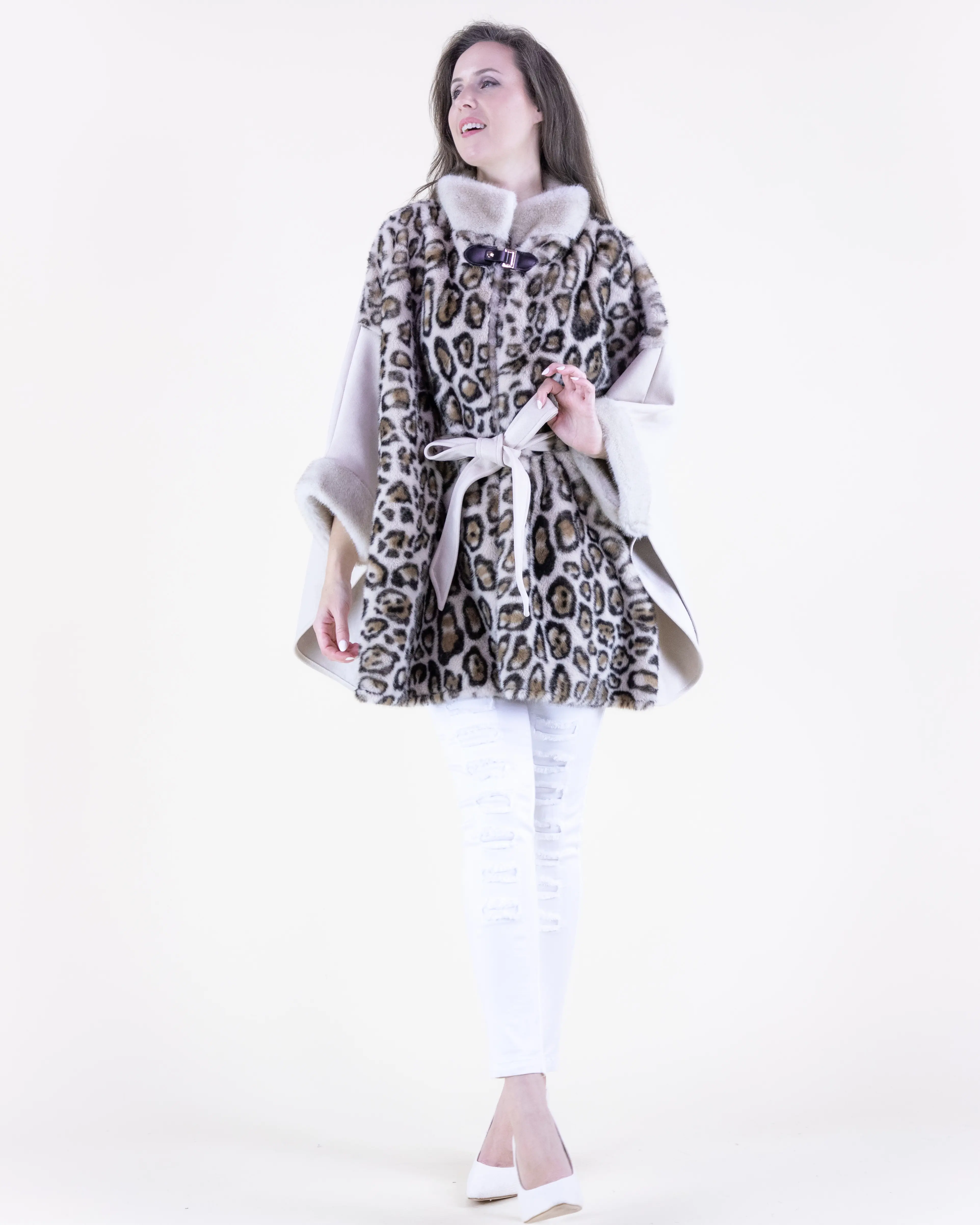 Women's Leopard Print Faux Fur Trim Cape Tops - High Collar, Elbow-Sleeve, Hip-Length, Fitted, Open Front, Suede Belt, Hand Wash Only, Fall-Winter Outerwear
