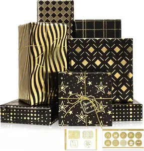 Larcenciel Mother's Day Gift Wrapping Paper Set, 6 Sheets Metallic Black Gold Foil Wrapping Paper w/Gift Tag & Sticker, Glitter Star Polka Dot Gift Wrap for Birthday Graduation Anniversary,27.5x19.6in