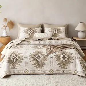 - Set, Southwestern Rustic Farmhouse Style with Aztec Geometric Pattern, Reversible Lightweight Bedspread Coverlet, 3 Pieces, Beige Brown, Queen/Full Size