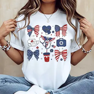 Patriotic Nurse Bow Stethoscope And Medical Icons Print T Shirt White Crew Neck Casual Top For Nurses And Healthcare Workers