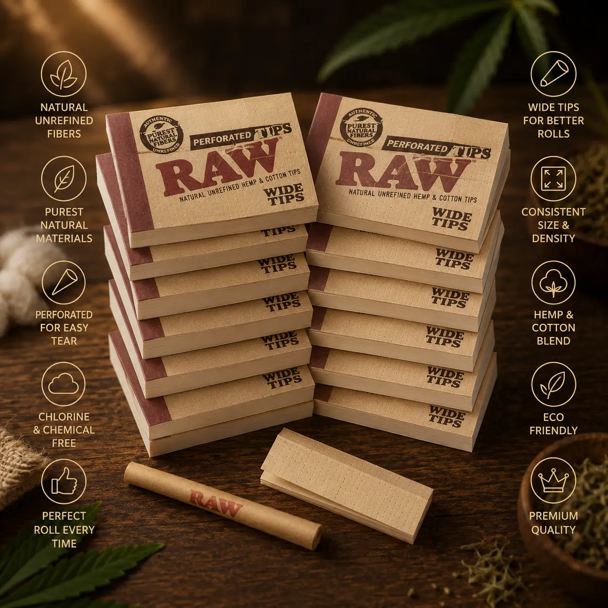Raw Rolling Papers Perforated Wide Cotton Filter Tips 10 Pack = 500 Tips, 50 Count (Pack of 10)