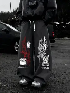 Gothic Style Loose Fit Wide Leg Pants, Geometric Pattern Casual Sportswear, All Season Comfortable Running Trousers