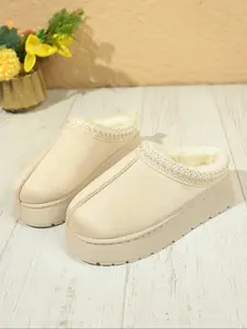 Women's Solid Color Slip-On Moccasin Low Heel Cotton Boots, Casual Comfortable Home Canvas Shoes, Perfect Housewear Booties, Slippers Indoor
