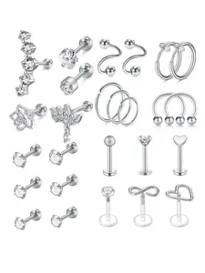 26-Piece 16G Surgical Steel Cartilage Earring Set, Cz Nose and Cartilage Hoop Earrings for Women Girls, Stylish Seashell Jewelry Collection