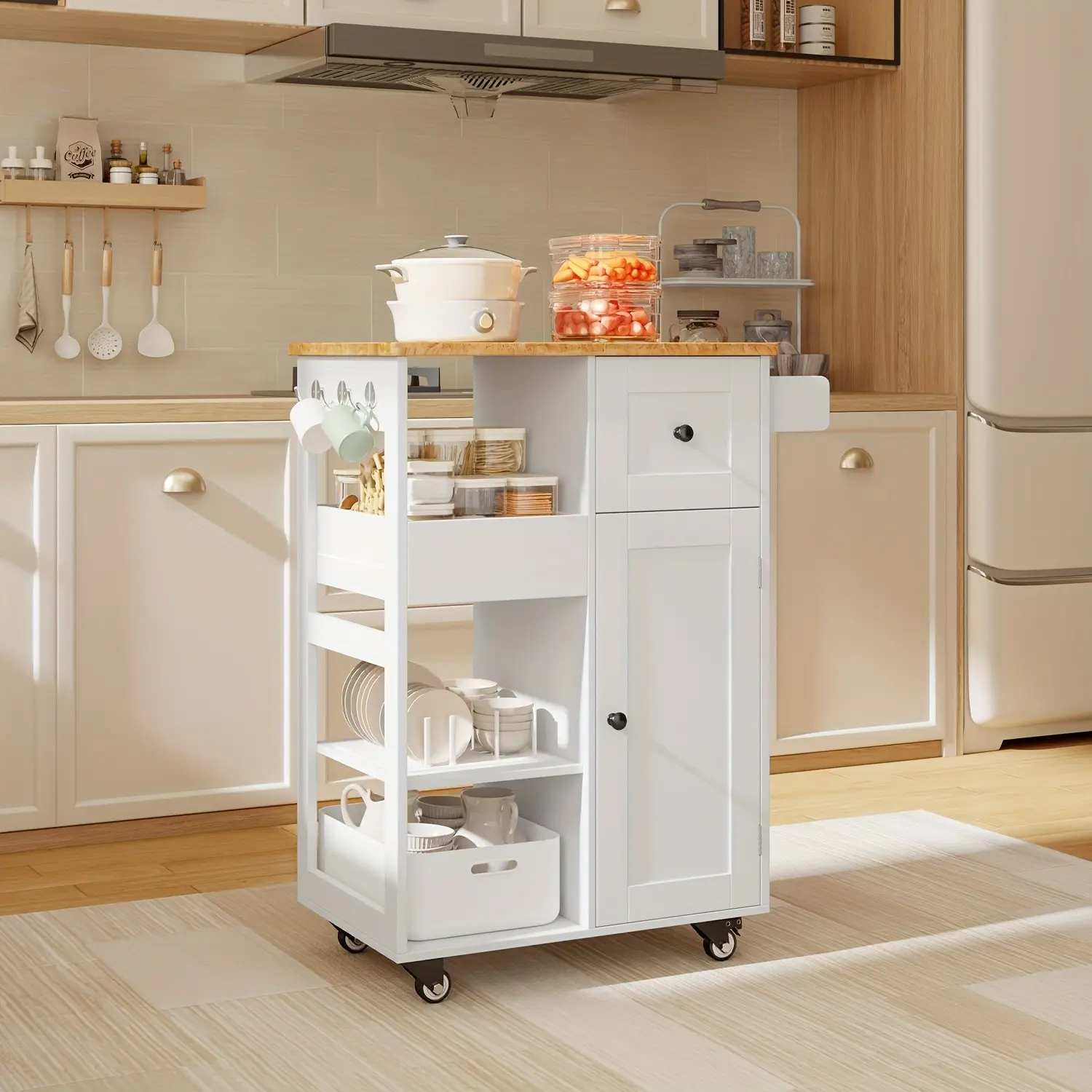 34.6'' Mobile Kitchen Island Cart with Removable Tray - Spacious Storage, Textured Top Table, 2 Open Shelves, Adjustable Shelves, Drawer, Cabinet, Towel Rack, Hooks - Perfect for Kitchen, Dining Room, Bar, And Small Spaces