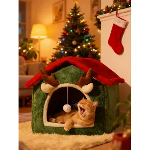 Christmas Themed Pet Cat House Plush Reindeer Antler Design Cozy Indoor Cat Bed with Interactive Ball Trending Festive Pet Furniture for Cats Machine Washable Collapsible Tunnel Cushion winter calming pet cat house extra  large  bed warm thermal pet pad P