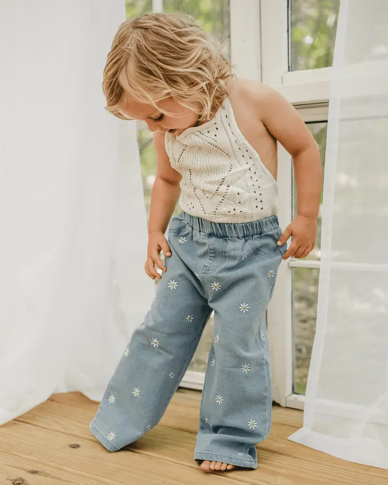 Toddler Girl Wide Leg Jeans | Baby Girl Denim Pants | Daisy Mae Embroidered Jeans Light Wash | Cute Kids Outfit Pants for Play, School & Everyday Wear