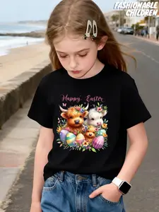 Easter Anime Cartoon Cow Print Short Sleeve Girls' T-Shirt, Comfortable Soft Fabric, Trendy Top, Perfect Gift, Daily Wear, Graphic Tee
