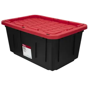 Hyper Tough 27 Gallon Large Storage Bin with Snap Lid, Black and Red, Heavy Duty Plastic Storage Container
