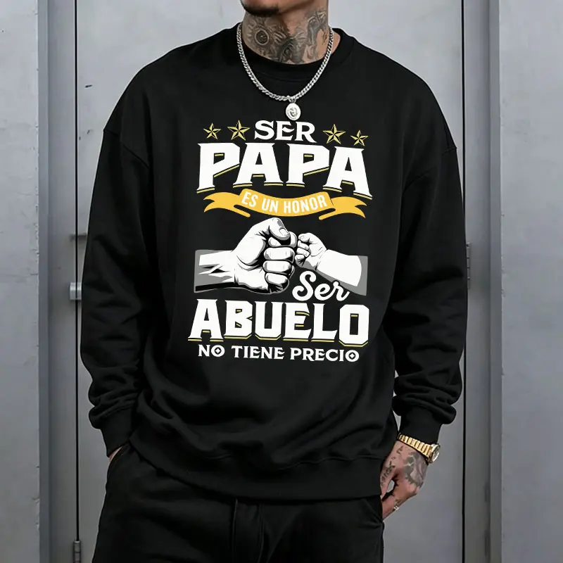 Menswear Spanish-Themed Letter Print Loose-Fit Polyester Blend Round Neck Long Sleeve Crewneck Sweatshirt, Father’s Day Gift, Loose Men’s Top 【Runs Small, Order 1 Size Up】