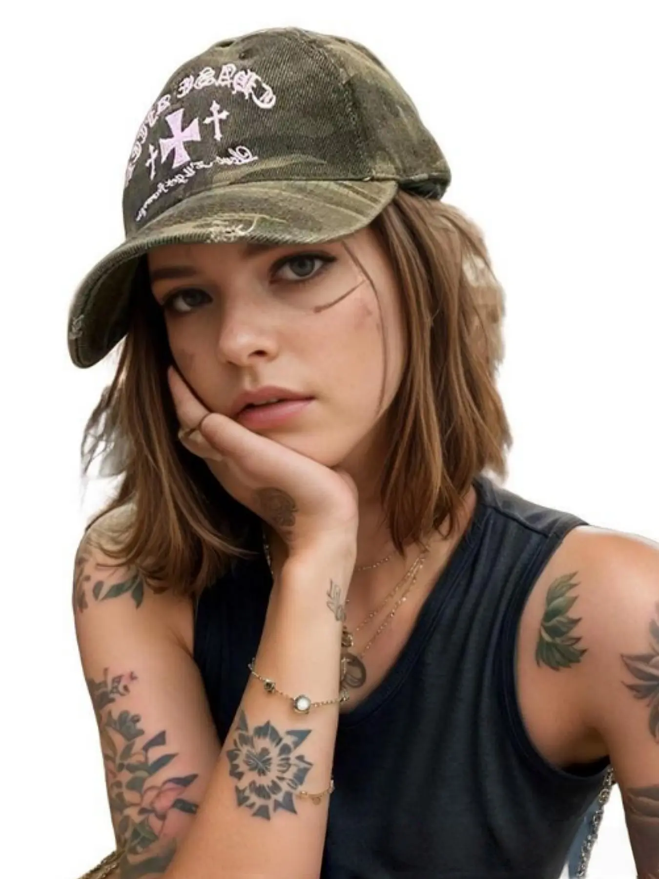 Ladies' camouflage graphic embroidered logo sun hat, baseball cap, cute Y2K style decorative fitted casual hat, suitable for daily wear in all seasons, High Quality Hat