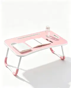 Foldable Bed Laptop Desk, Pink Portable Lap Table With Drawer And Cup Slot, All-In-One Workstation For Reading & Entertainment