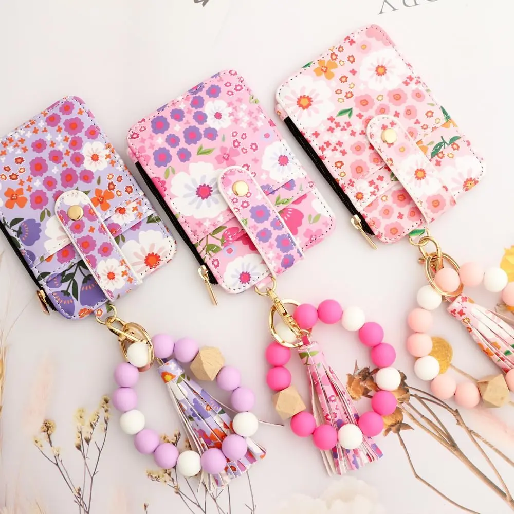 Boho Wristlet Wallets for Women, Boho Beaded Flower Pattern Wallet Keychain, Slim Credit Card Holder Purse Tassel Keychain