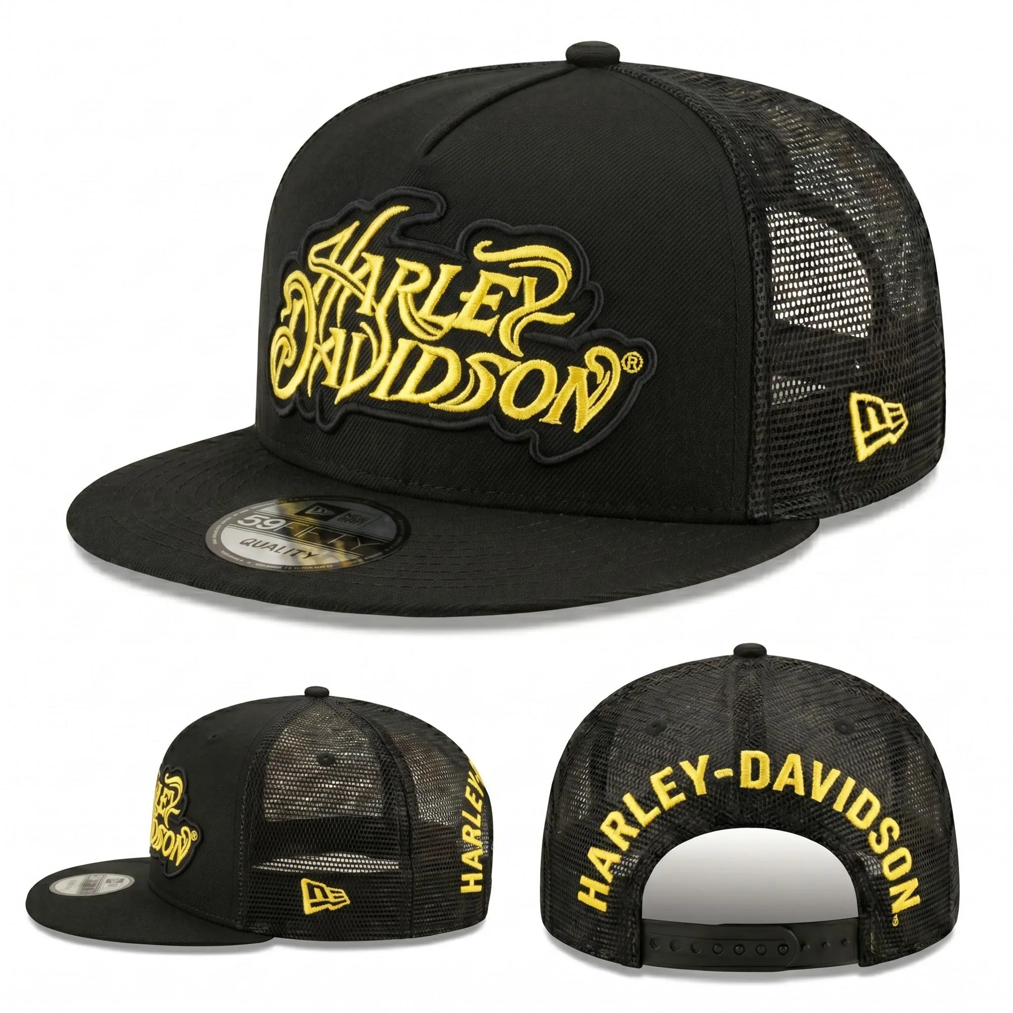 Classic Yellow Road Rider Script Graphic Black Trucker Hat, Vintage Motor Culture Inspired Mesh Back Flat Brim Snapback Cap, Adjustable Biker Garage Streetwear Headwear for Men Women, Retro Motorcycle Style Casual Outdoor Travel Gift