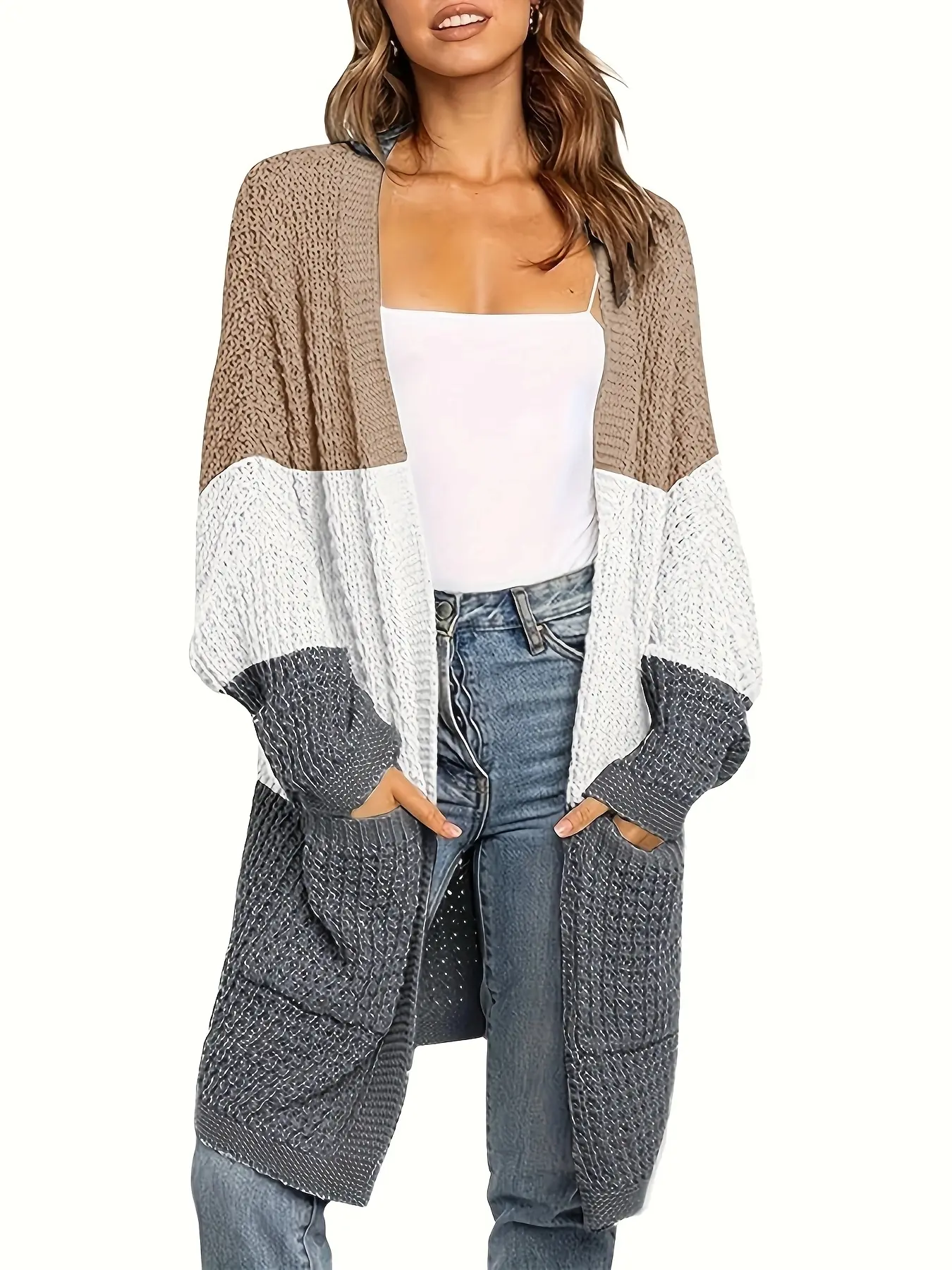 Women's Patchwork Long Knit Cardigan, Front Open Loose Fit Coat with Pockets, Casual Daily Wear, Multicolor Design