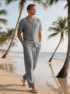 2026 Summer New Men's Beach Shirt Set, Loose Fit Breathable Commuter Casual Two-In-One, Short Sleeve Natural Waist Solid Pattern