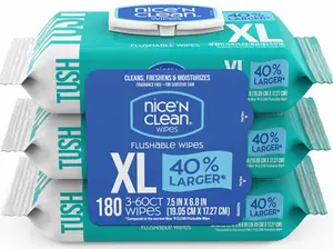 Nice 'N CLEAN Extra Large Flushable Wipes | 40% Larger Wipes | 6.8" x 7.5" Unscented XL Adult Wet Wipes | Septic and Sewer Safe | Fragrance Free, Hypoallergenic, Plant Based | 180 Butt Wipes