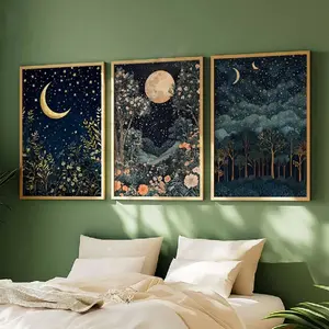 3 Piece Set 2D Flat Decorative Paintings, Vintage Posters, William Morris Art Prints, Moon Night Sky Wall Decoration, Living Room & Bedroom, Floral Aesthetic Pattern, Decorative Artwork