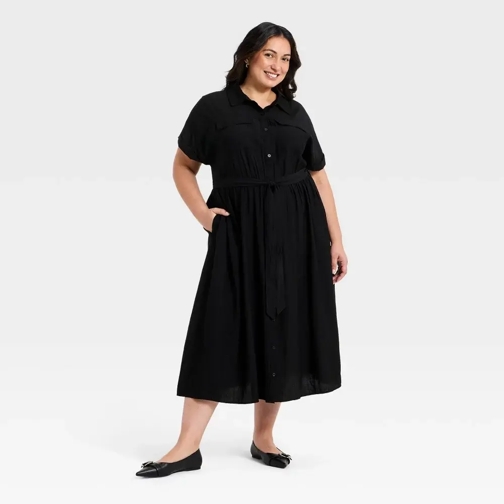 Women's Short Sleeve Tie-Front Midi Shirtdress - Ava & Viv, Elegant Basic Style, Breathable Shortsleeve Fabric