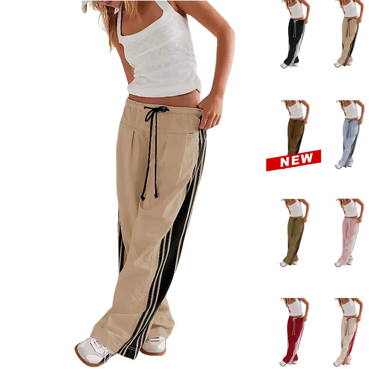 Tanming Womenswear FallFreshness Streetwear Stripe Straight Cut Barrel Leg Parachute Cargo Pants Y2K Elasticated Waistband Soft Wide Leg Pants with P