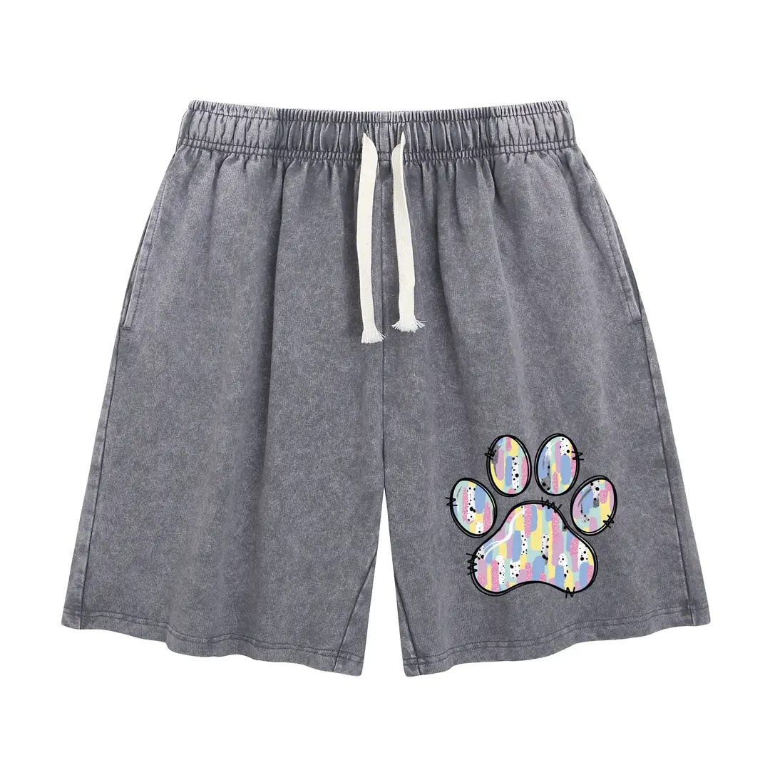 Women's Acid Wash Puppy Paw Graphic Shorts - Stylish Mid-Waist Knee-Length Cotton Blend, Easy Styling for Casual Days, Hangouts & Errands, Back To School Unisex Pick