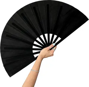 (Black) 1PC Large Folding Silk Hand Fan, Traditional Chinese Tai Chi Fan, Portable Foldable Fan for Men Women, Stage Performance & Daily Use