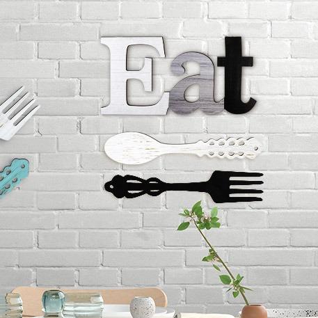 Eat Sign Set with Fork and Spoon Wall Decor Rustic Wood Country Art for Kitchen Home 35x17.5cm Durable Wooden Letters Stylish Colors Easy Hang Hooks Ornaments Hangable