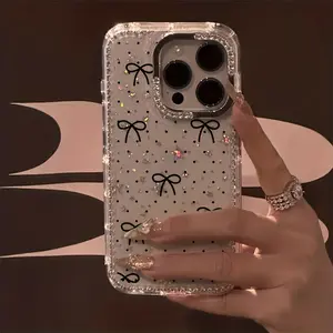 Luxury Polka Dot, Bow, and Rhinestone Fashion Phone Case — Transparent Glitter-Trimmed, Star-Patterned Shockproof Protective Cover — Compatible with iPhone 17 Pro Max, 17 Air, 16, 15, 14, 13, 12, and 11 Series