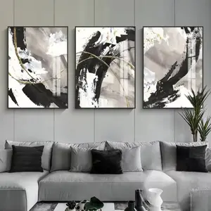 3 pieces Modern Abstract Marble Texture, Abstract Marble Pattern Black White Grey Art Painting Model Room Soft Decoration Design Italian Light Luxury Style Bedroom Background Wall Decor Painting Framed and Unframed Options