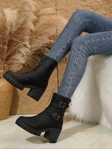 women's fashionable solid color belted design ankle boots, casual round toe zipper design boots for fall & winter, female all-match trendy shoes for daily wear