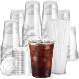 Disposable 20oz Clear Plastic Cup with Lid & Straw, 10 Sets/50 Sets Disposable Drinking Cup, Disposable Tableware for Cold Drink, Ice Coffee, Milkshake, Smoothie, Disposable Cups with Lids and Straws