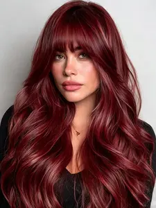 99j Burgundy body wave Heat-Resistant Synthetic Fibers wigs with bangs 30inch no glue beginner friendly for women parties cosplay daily life Wavy Synthetic Wig Synthetic Glueless Wig