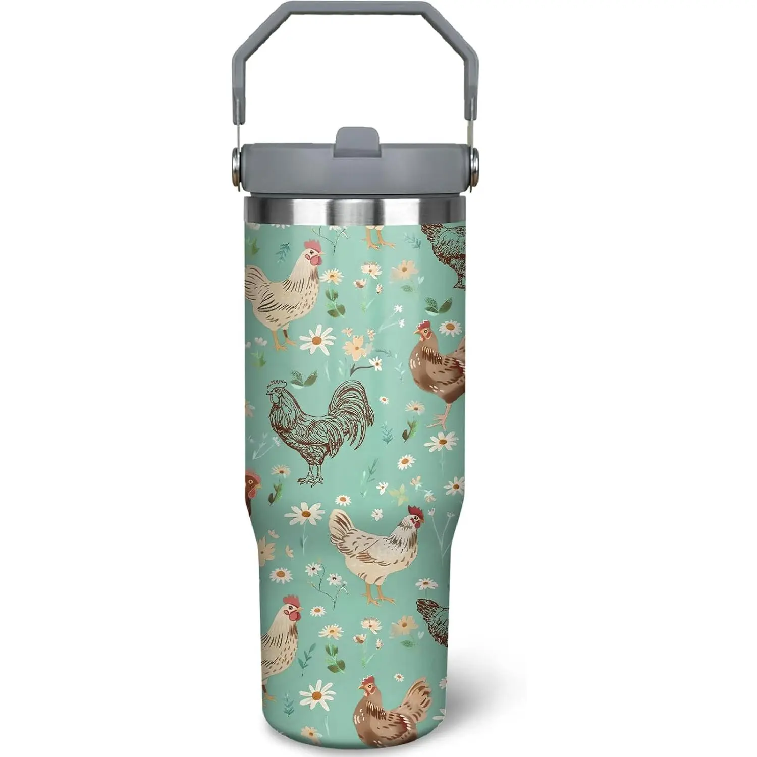 30oz Stainless Steel Double-Walled Vacuum Insulated Water Bottle Flask - Portable Travel Tumbler Mug with Handle, Flip Straw Lid, Spill-Proof Chicken Print, Ideal for Coffee, Cocktails, Birthday Ideas for Chicken-Loving Women (Kitchenware Drinkware), Insu