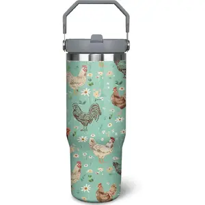 30oz Chicken Tumbler with Handle and Straw, Green Chicken Stainless Steel Vacuum Insulated Flip Straw Coffee Cups Spill Proof Travel Mug, Chicken Rooster Decor Stuff Gifts for Women Chicken Lover