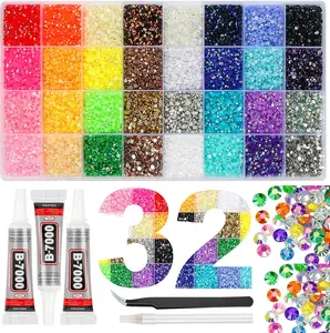 37000PCS  32-GRID BOX  Multicolor  Resin Jelly Rhinestones DIY Kit 3mm Flatback Gems with B7000 Glue for Clothes Shoes Nails Crafts Bedazzler Set with Tweezers Pickup Pen and Glue Tubes