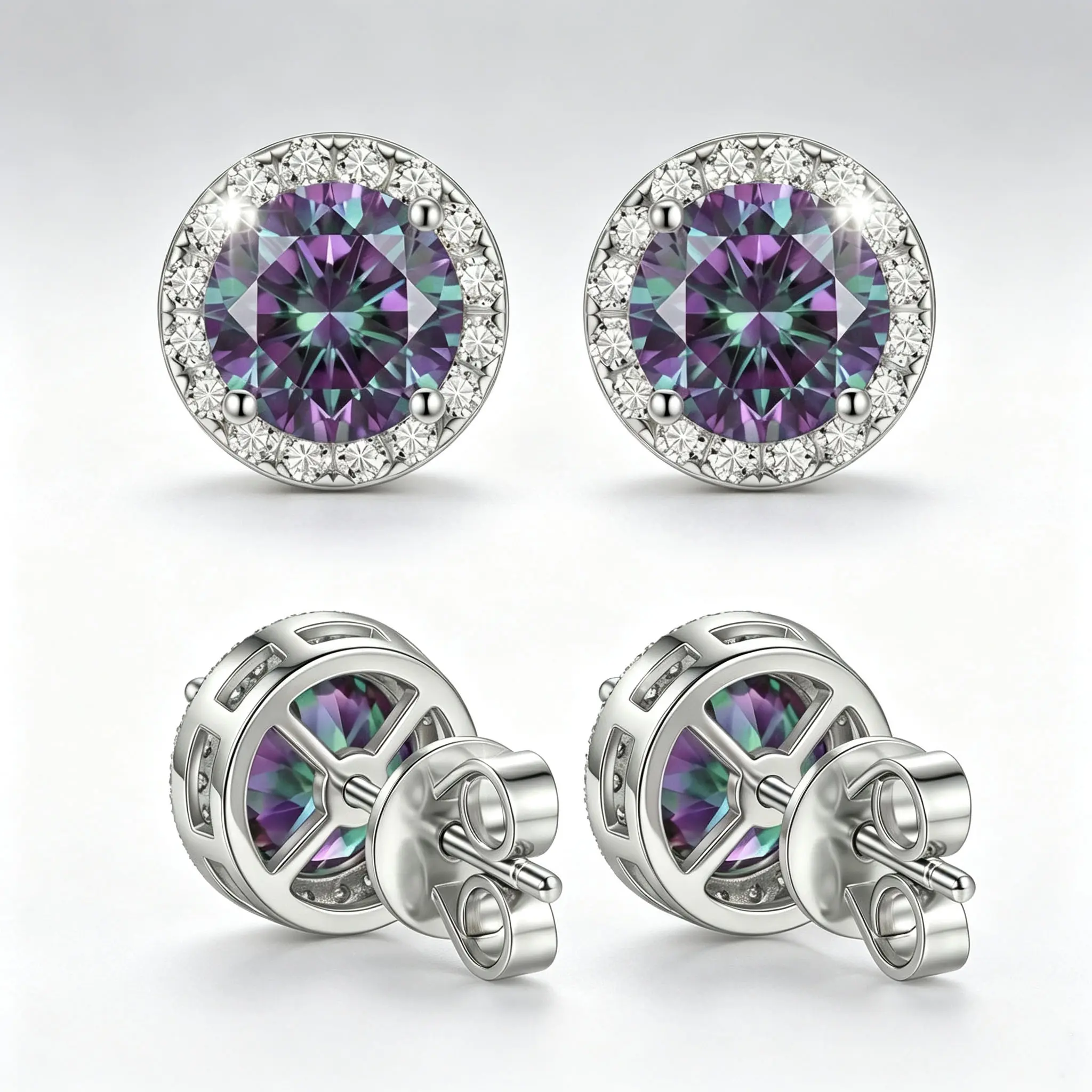 S925 Sterling Silver Round Stud Earrings with Cubic Zirconia, Hypoallergenic Unisex Jewelry for Adults, Casual Style for Any Occasion