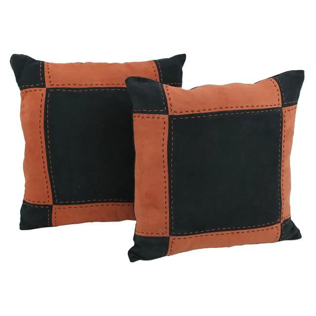Blazing Needles 9810-S2-PW-BK-SP 18 in. Patchwork Microsuede Square Indoor Throw Pillows, Black & Spice - Set of 2