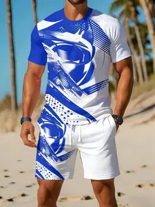 Men's Blue Abstract Pattern Short Sleeve T-Shirt with Casual Shorts Set, Summer Tropical Beach Sports, Fashion Comfortable Men's Clothing Combo