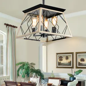 American retro industrial style forged iron chandelier | 4-head geometric lantern chandelier | Suitable for dining room/kitchen island/living room/bar